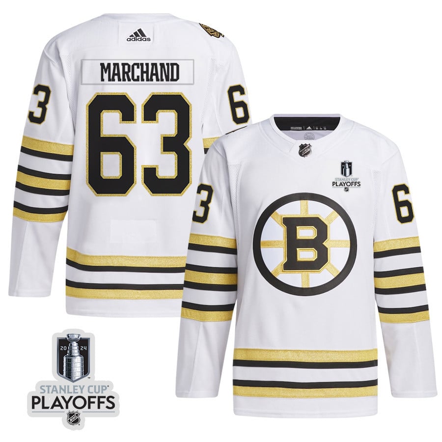 Brad Marchand 63 Boston Bruins 2024 NHL Playoffs Patch Away Hockey Jersey - Men, White - JS901 