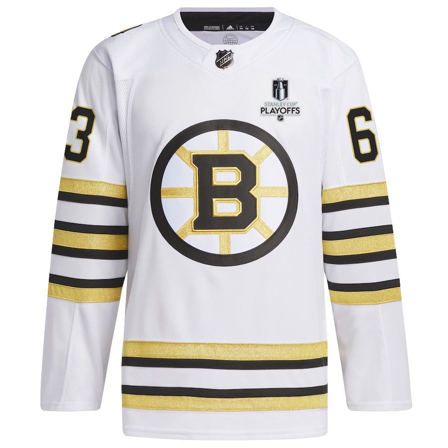 Alternative view of Brad Marchand 63 Boston Bruins 2024 NHL Playoffs Patch Away Hockey Jersey - Men, White - JS901 