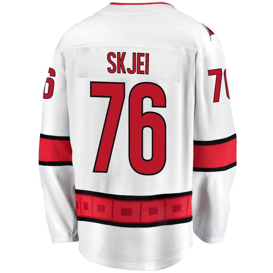 Alternative view of Brady Skjei 76 Carolina Hurricanes Stanley Cup 2023 Playoffs Patch Away Breakaway Men Hockey Jersey - White - JS730 