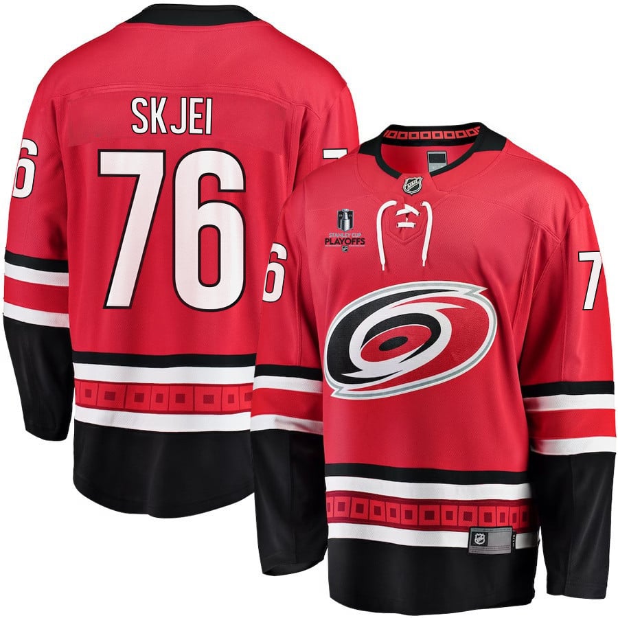 Brady Skjei 76 Carolina Hurricanes Stanley Cup 2023 Playoffs Patch Home Breakaway Men Hockey Jersey - Red - JS334 