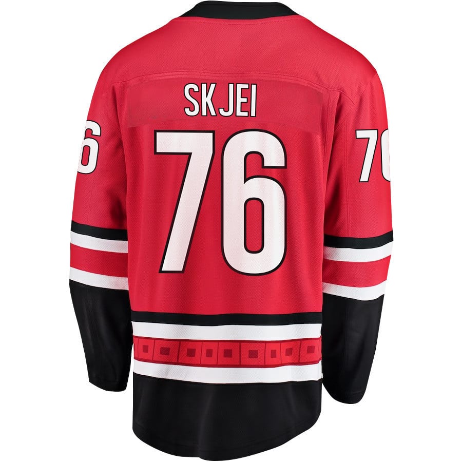Alternative view of Brady Skjei 76 Carolina Hurricanes Stanley Cup 2023 Playoffs Patch Home Breakaway Men Hockey Jersey - Red - JS334 