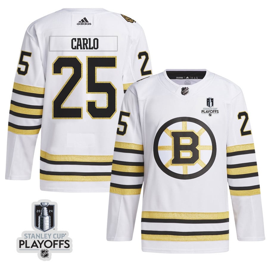 Brandon Carlo 25 Boston Bruins 2024 NHL Playoffs Patch Away Hockey Jersey - Men, White - JS116 