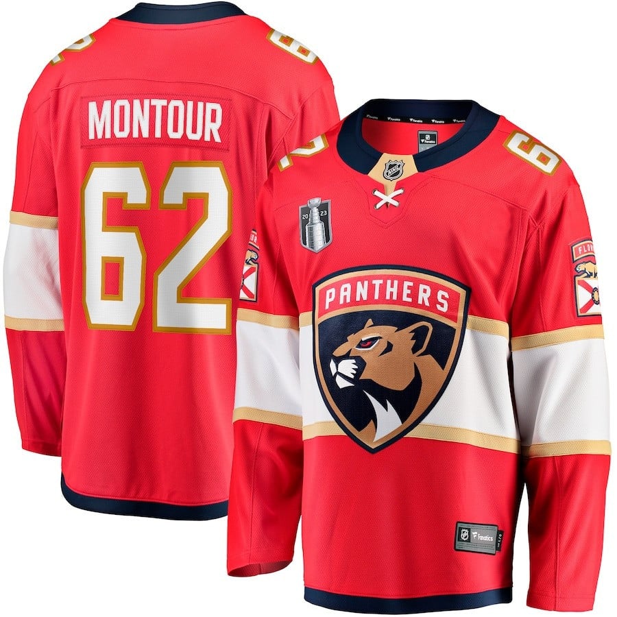 Brandon Montour 62 Florida Panthers 2023 Stanley Cup Final Home Breakaway Player Hockey Jersey - Red - JS699 