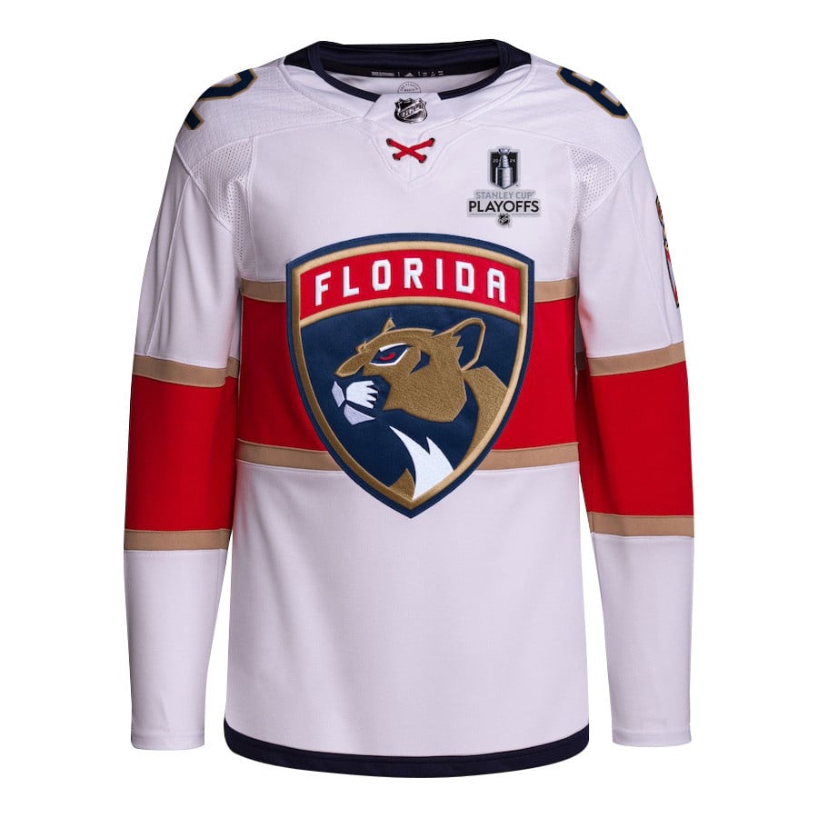 Alternative view of Brandon Montour 62 Florida Panthers 2024 NHL Playoffs Patch Away Hockey Jersey Customized - Men, White - JS873 