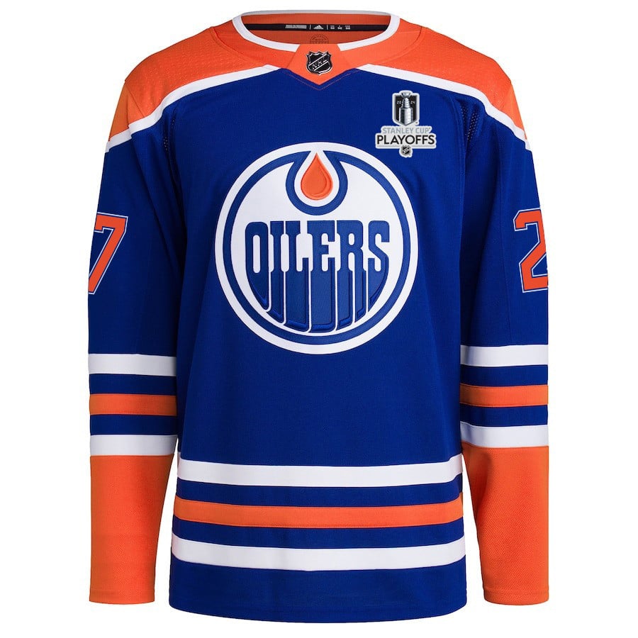 Alternative view of Brett Kulak 27 Edmonton Oilers 2024 NHL Playoffs Patch Home Hockey Jersey - Men - JS630 