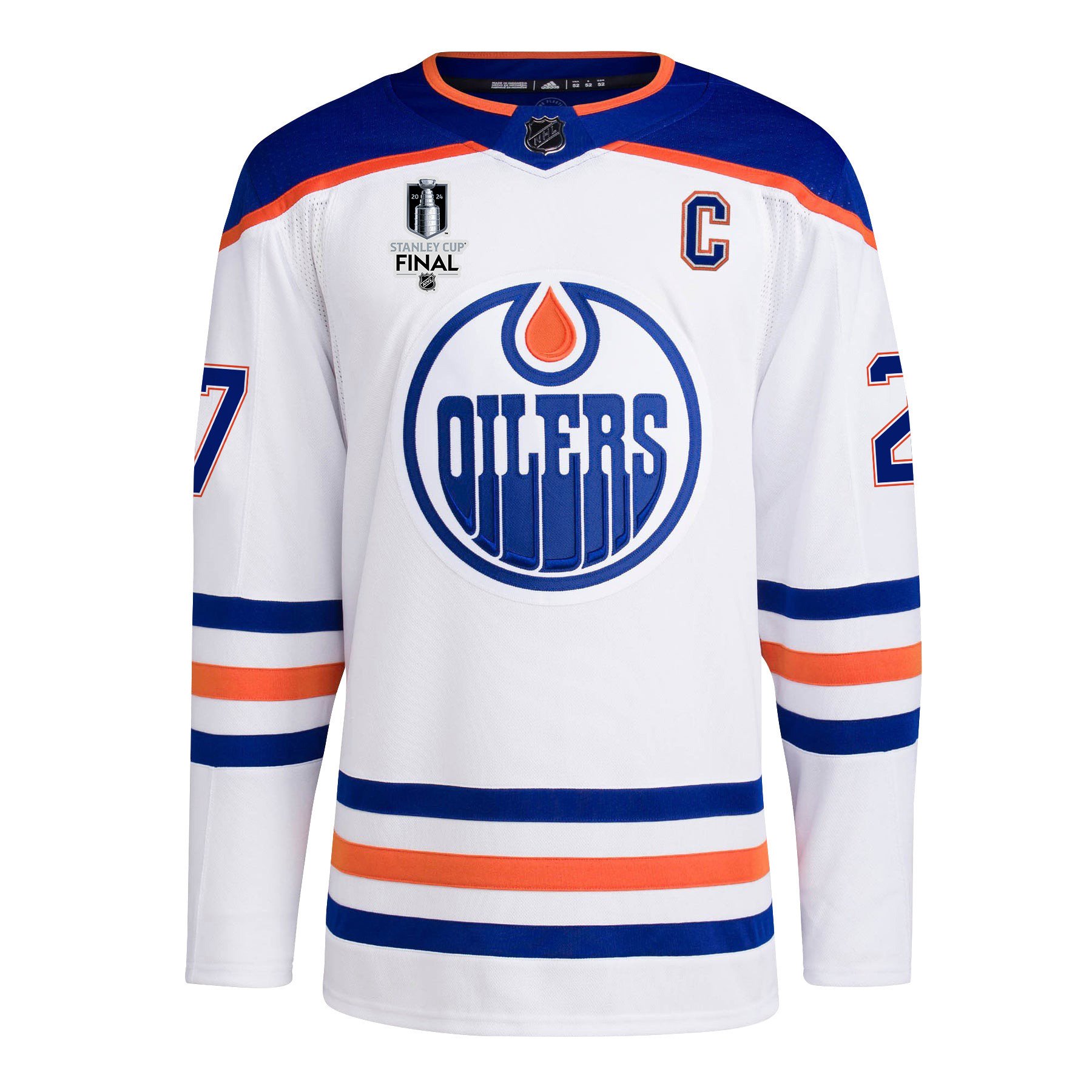 Alternative view of Brett Kulak 27 Edmonton Oilers 2024 STANLEY CUP Final Away Hockey Jersey - Men, White - JS893 