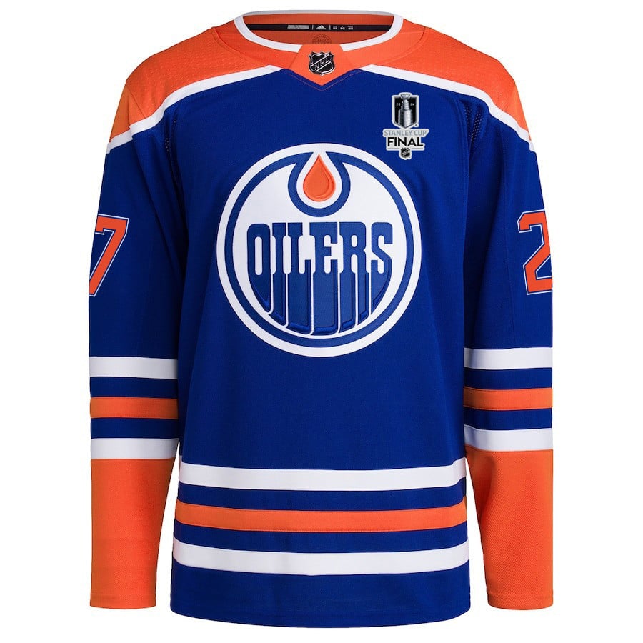 Alternative view of Brett Kulak 27 Edmonton Oilers 2024 STANLEY CUP Final Home Primegreen Hockey Jersey - Men, Royal - JS915 