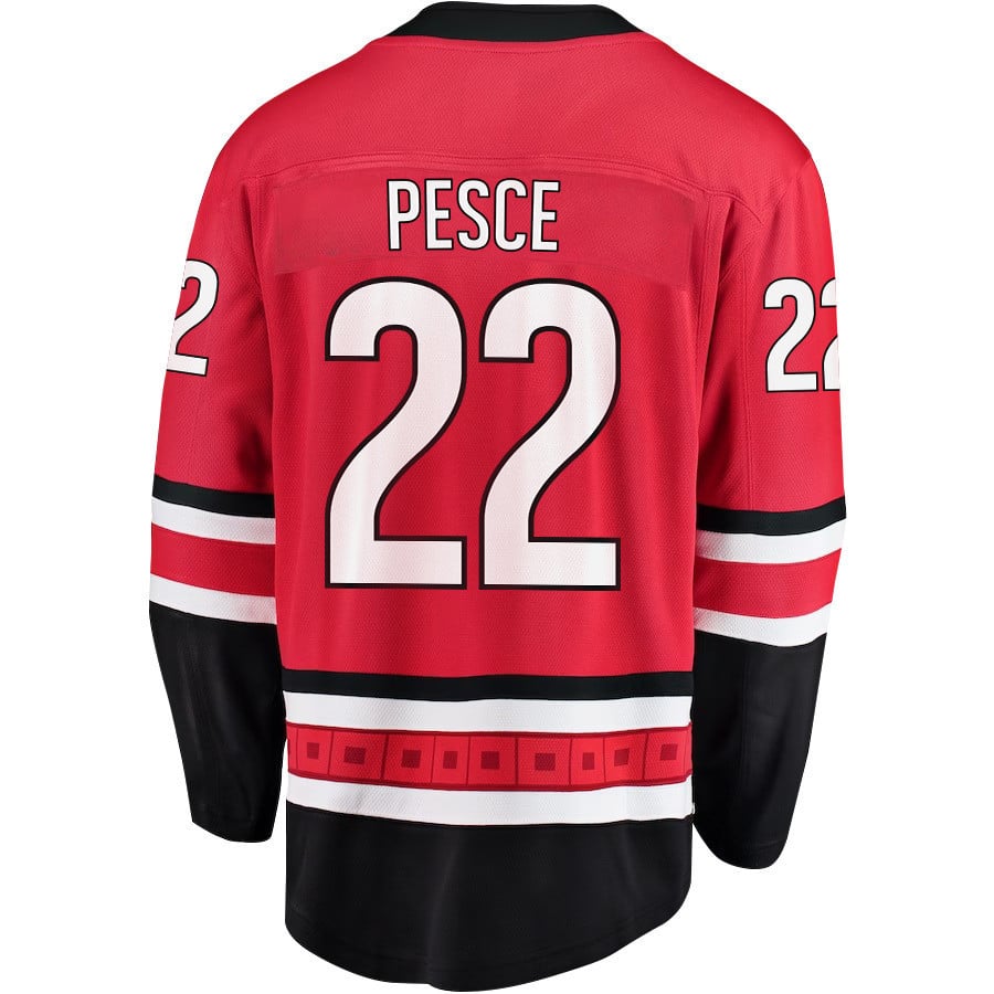 Alternative view of Brett Pesce 22 Carolina Hurricanes Stanley Cup 2023 Playoffs Patch Home Breakaway Men Hockey Jersey - Red - JS267 
