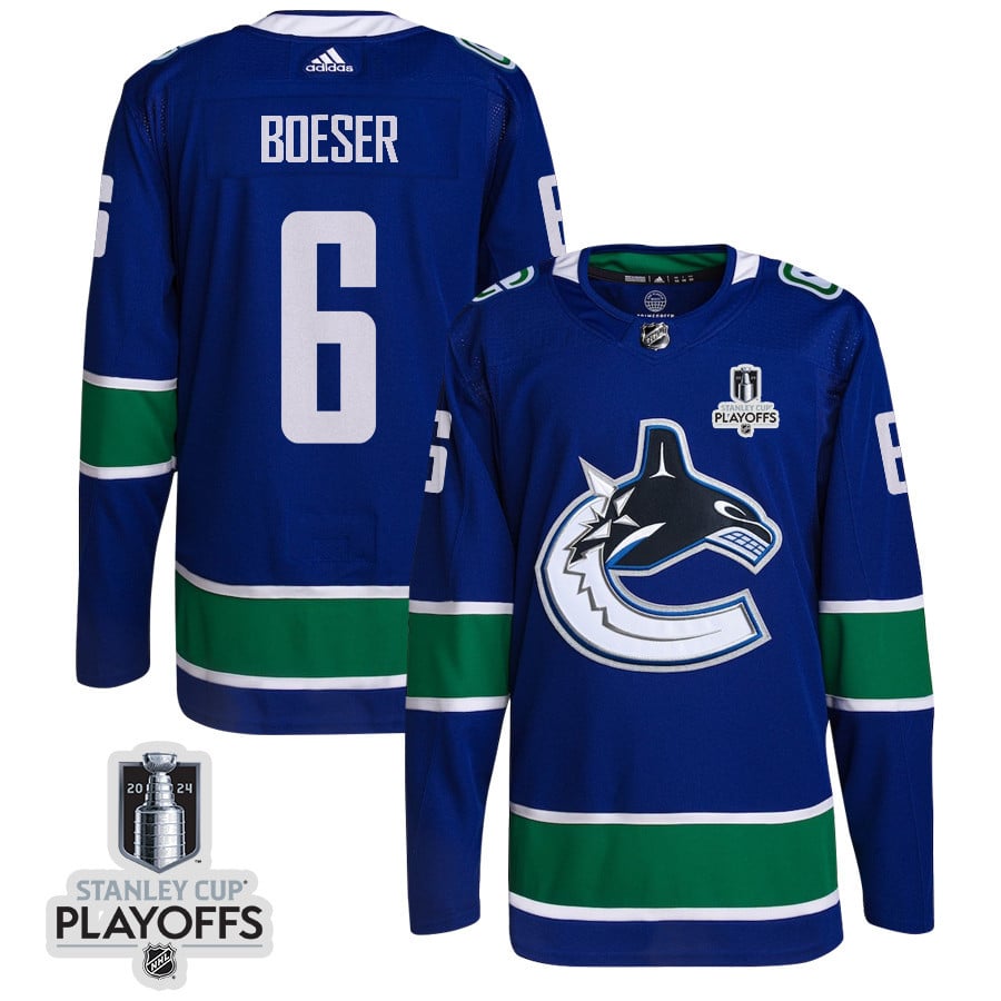 Brock Boeser 6 Vancouver Canucks 2024 NHL Playoffs Patch Home Hockey Jersey - Men, Blue - JS477 