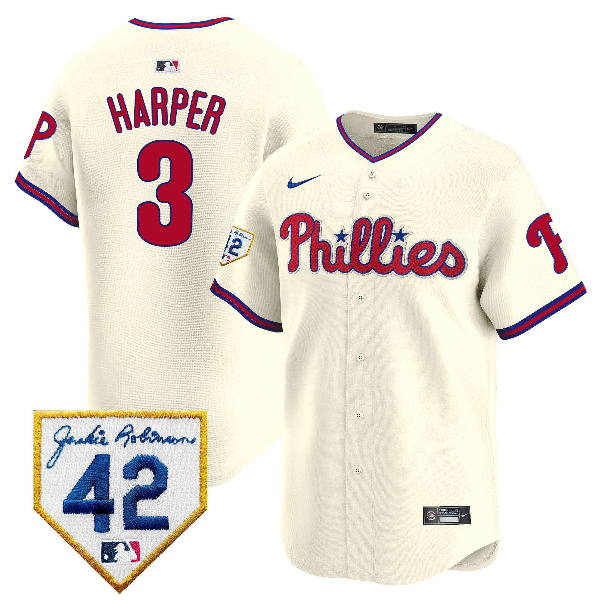Bryce Harper 3 Philadelphia Phillies 2024 Jackie Robinson Patch Men Baseball Jersey - Cream 