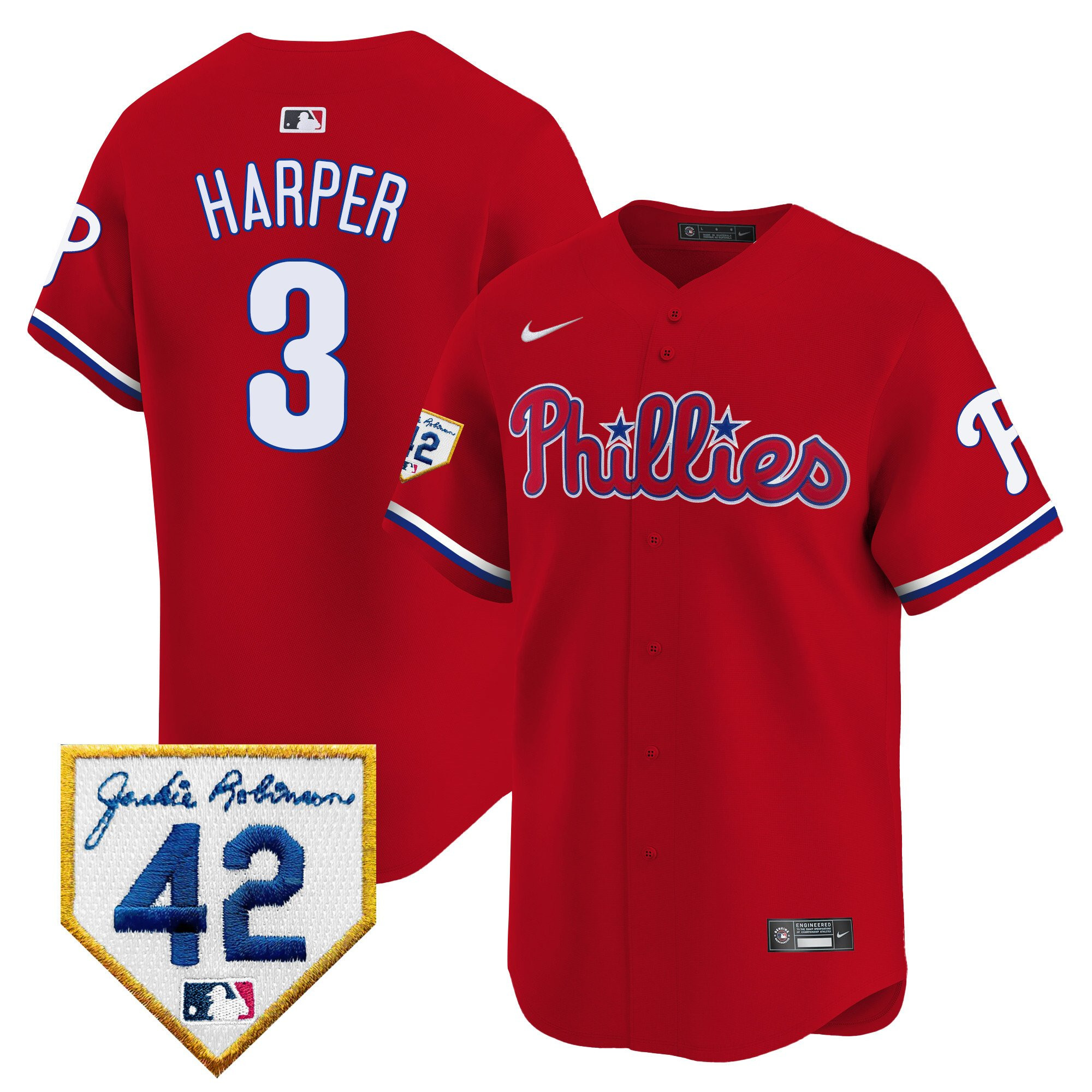 Bryce Harper 3 Philadelphia Phillies 2024 Jackie Robinson Patch Men Baseball Jersey - Red 