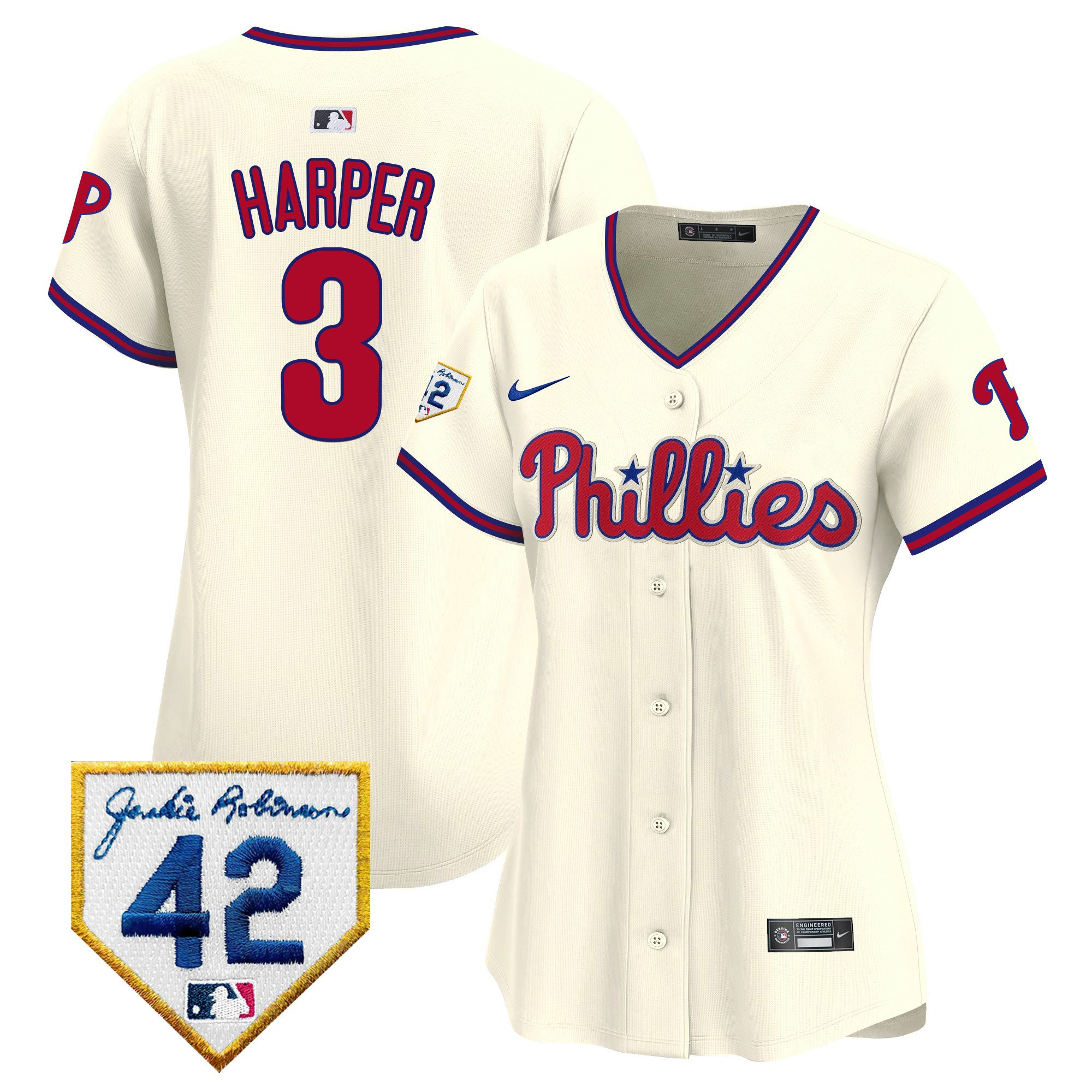 Bryce Harper 3 Philadelphia Phillies 2024 Jackie Robinson Patch Women Baseball Jersey - Cream 
