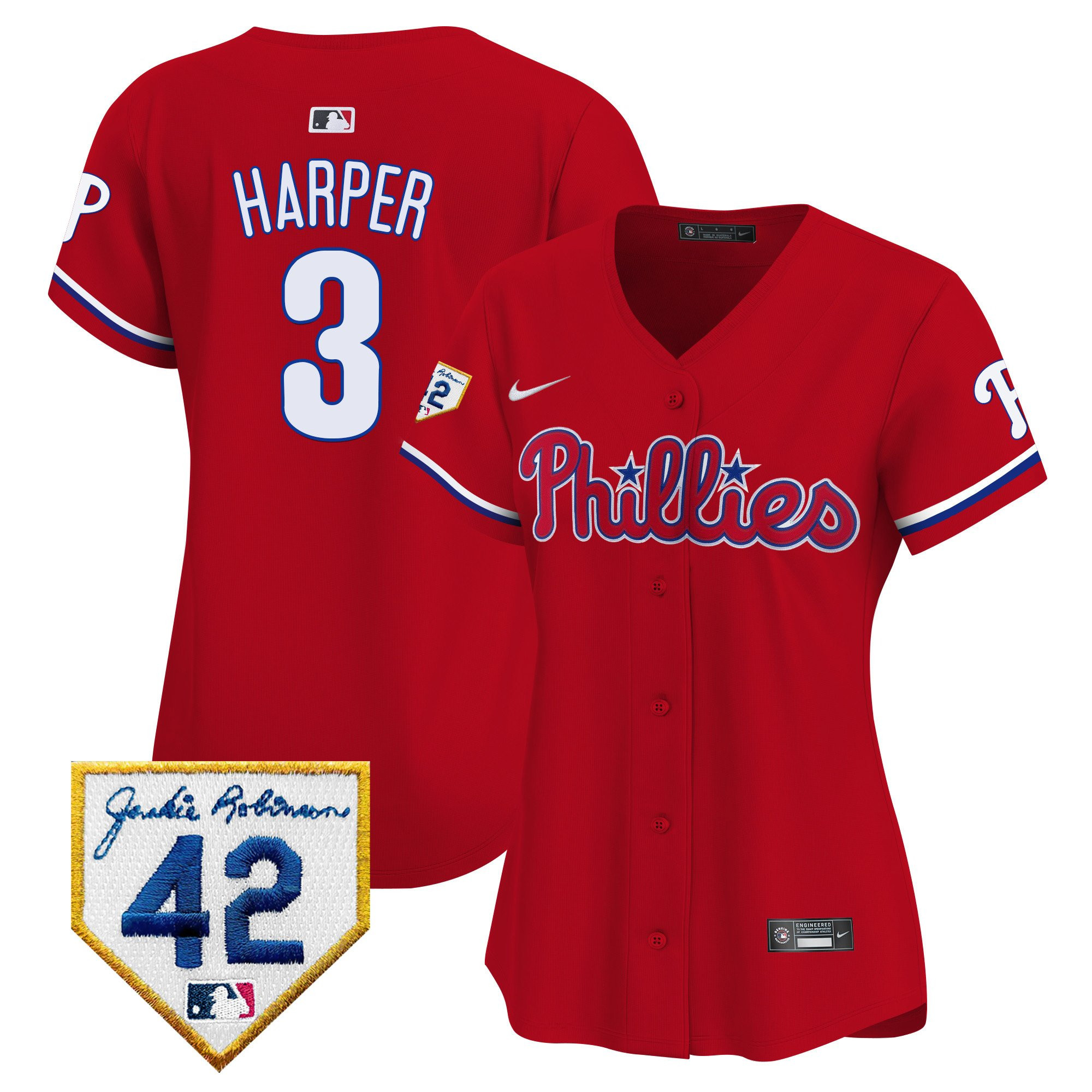Bryce Harper 3 Philadelphia Phillies 2024 Jackie Robinson Patch Women Baseball Jersey - Red 