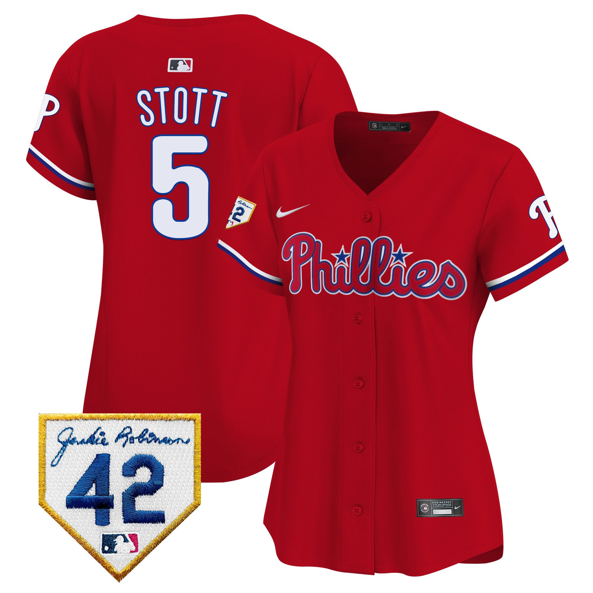 Bryson Stott 5 Philadelphia Phillies 2024 Jackie Robinson Patch Women Jersey - Red 