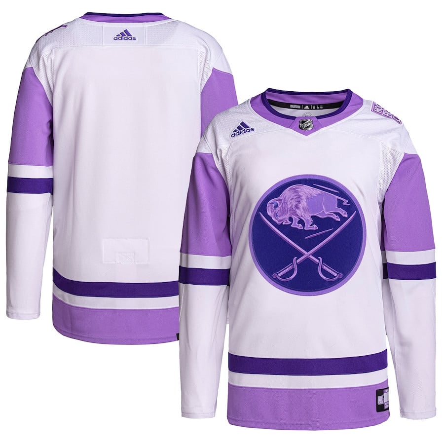 Buffalo Sabres Hockey Fights Cancer Primegreen Men Hockey Jersey - White/Purple - JS534 