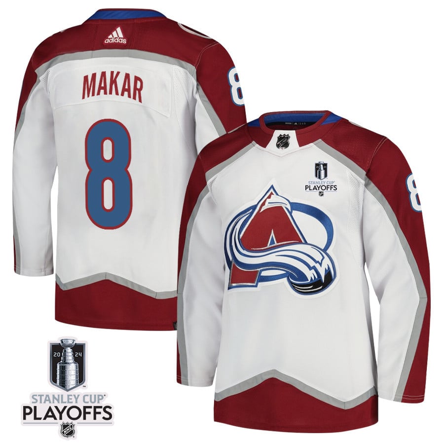 Cale Makar 8 Colorado Avalanche 2024 NHL Playoffs Patch Away Hockey Jersey - Men, White - JS823 