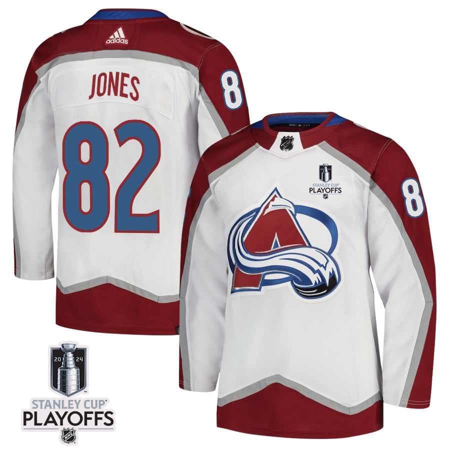 Caleb Jones 82 Colorado Avalanche 2024 NHL Playoffs Patch Away Hockey Jersey - Men, White - JS605 