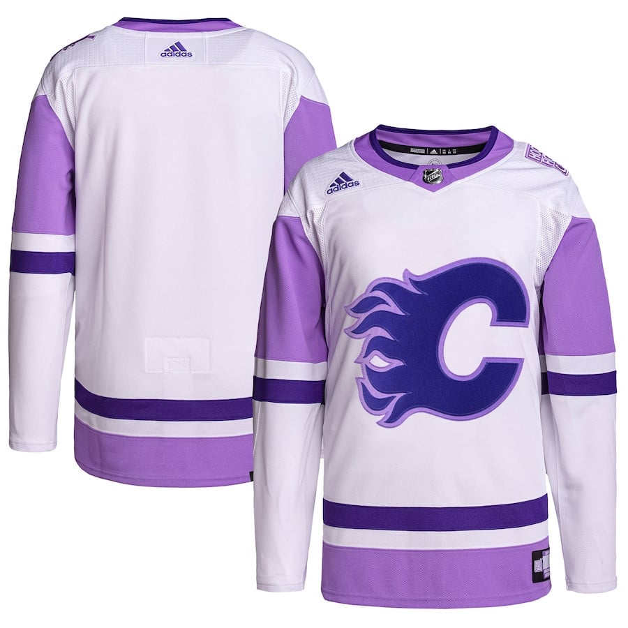 Calgary Flames Hockey Fights Cancer Primegreen Men Jersey - White/Purple - JS194 
