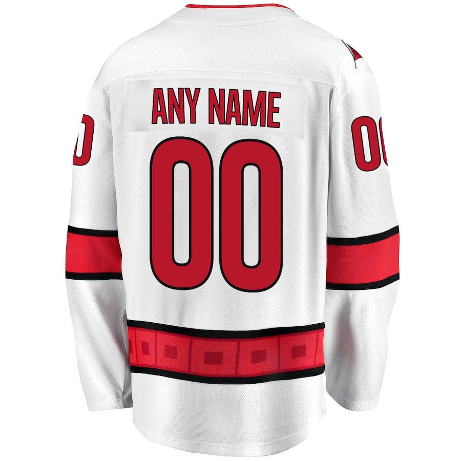 Alternative view of Carolina Hurricanes Stanley Cup 2023 Playoffs Patch Away Breakaway Custom Men Hockey Jersey - White - JS986 
