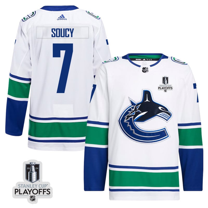 Carson Soucy 7 Vancouver Canucks 2024 NHL Playoffs Patch Away Hockey Jersey - Men, White - JS176 