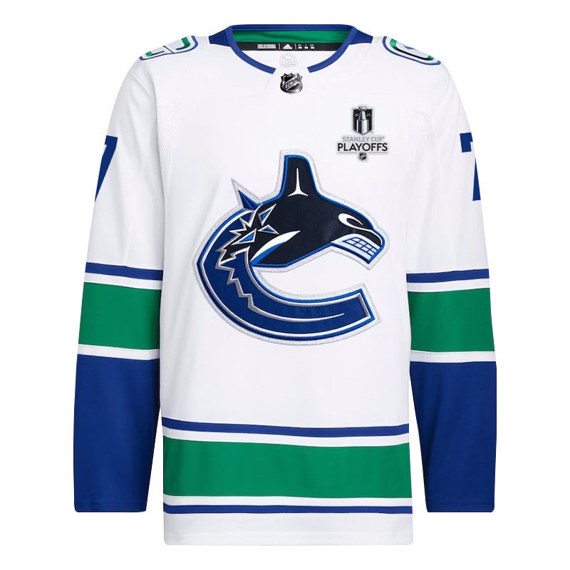 Alternative view of Carson Soucy 7 Vancouver Canucks 2024 NHL Playoffs Patch Away Hockey Jersey - Men, White - JS176 