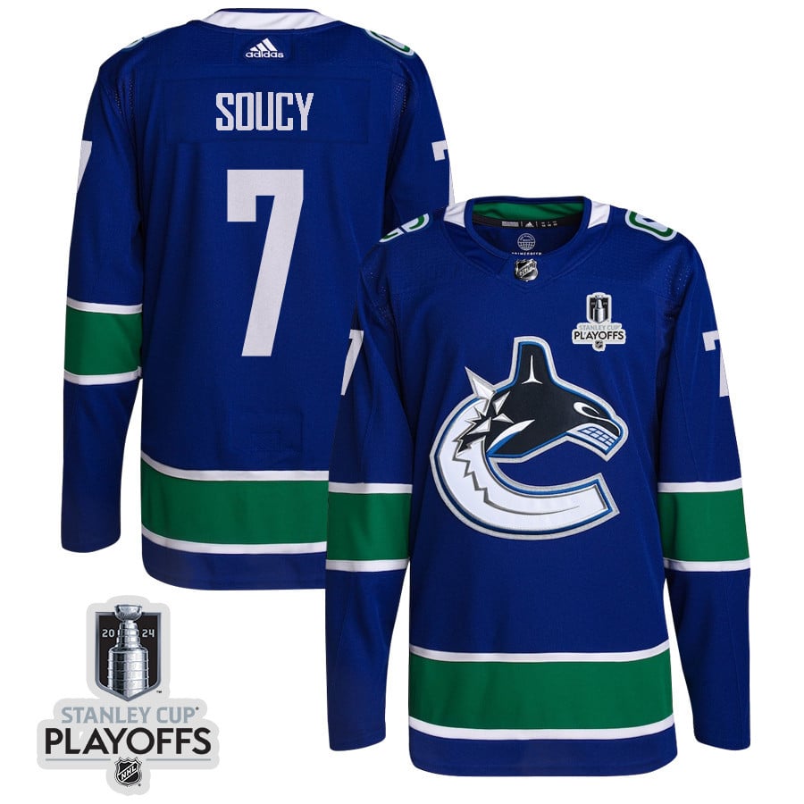 Carson Soucy 7 Vancouver Canucks 2024 NHL Playoffs Patch Home Hockey Jersey - Men, Blue - JS847 