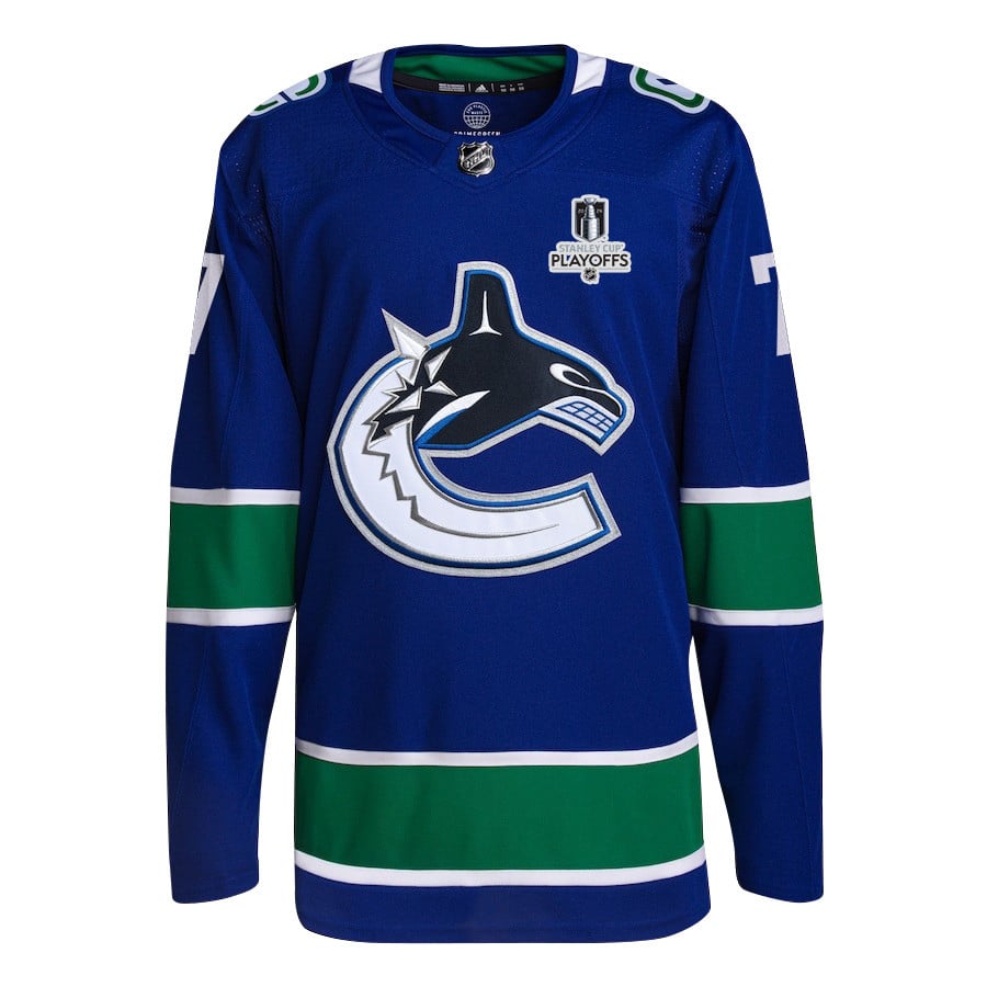 Alternative view of Carson Soucy 7 Vancouver Canucks 2024 NHL Playoffs Patch Home Hockey Jersey - Men, Blue - JS847 