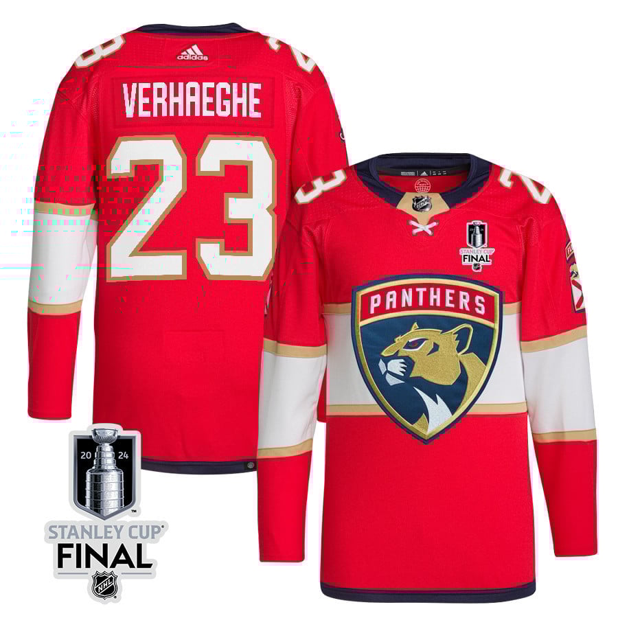 Carter Verhaeghe 23 Florida Panthers 2024 STANLEY CUP Final Home Breakaway Hockey Jersey - Men, Red - JS512 
