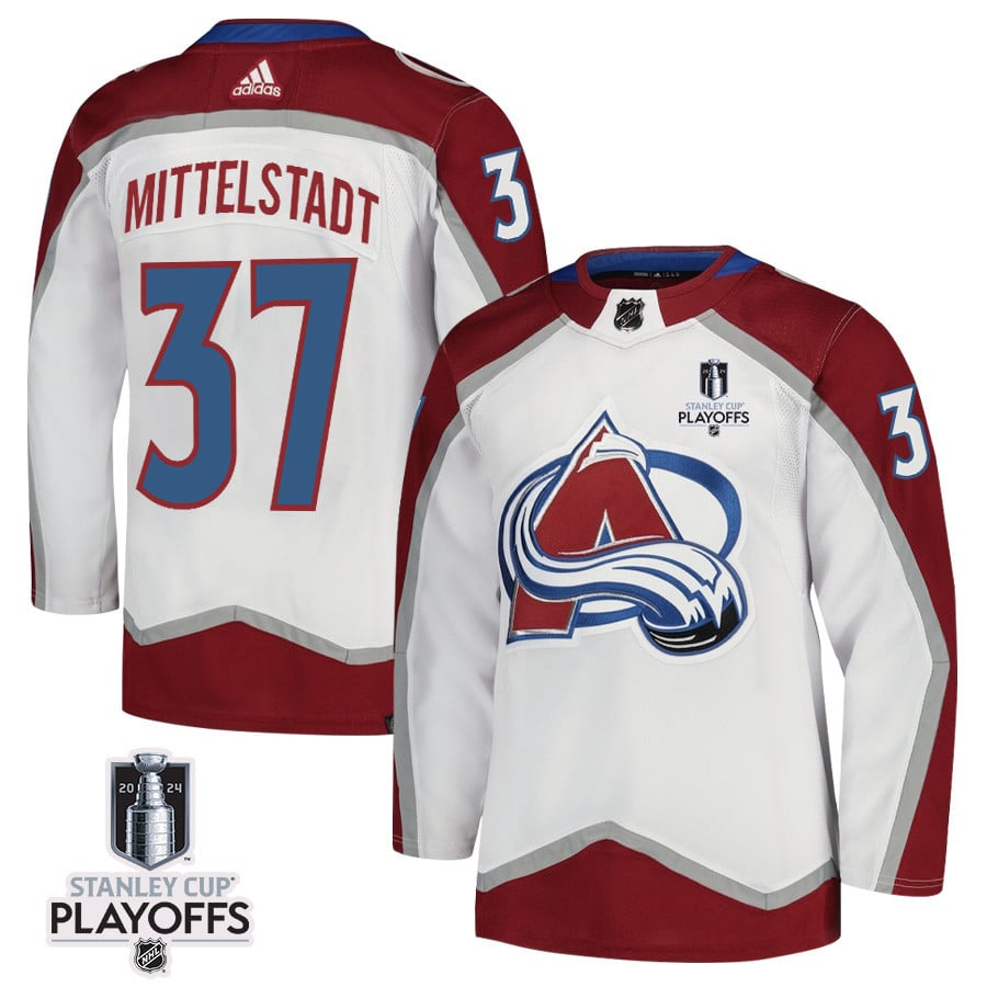Casey Mittelstadt 37 Colorado Avalanche 2024 NHL Playoffs Patch Away Hockey Jersey - Men, White - JS458 