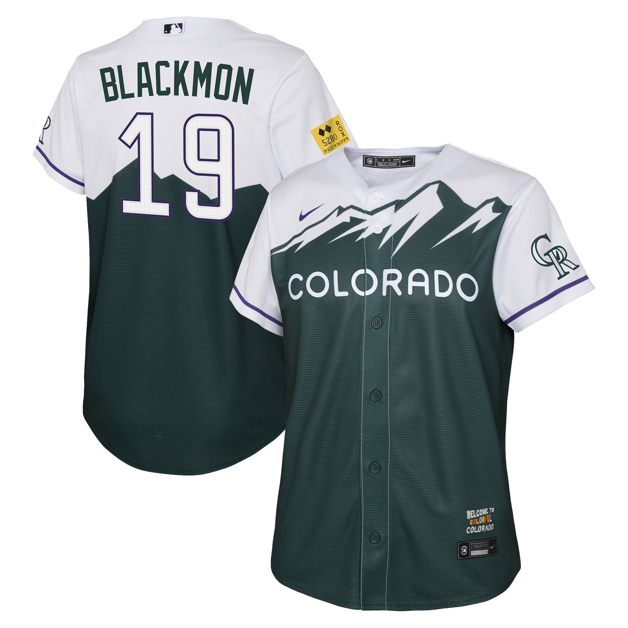 Alternative view of Charlie Blackmon Colorado Rockies Youth 2022 City Connect Replica Player Baseball Jersey - Green