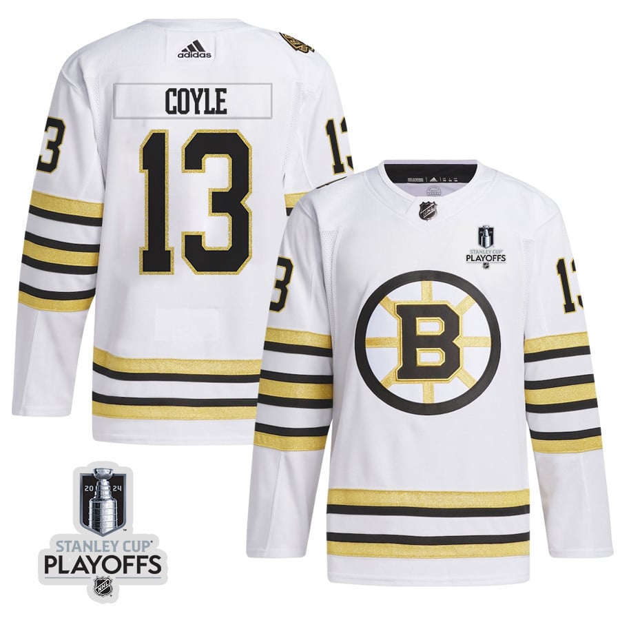 Charlie Coyle 13 Boston Bruins 2024 NHL Playoffs Patch Away Hockey Jersey - Men, White - JS509 