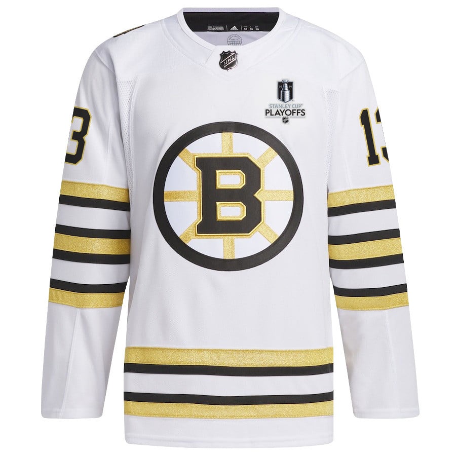 Alternative view of Charlie Coyle 13 Boston Bruins 2024 NHL Playoffs Patch Away Hockey Jersey - Men, White - JS509 