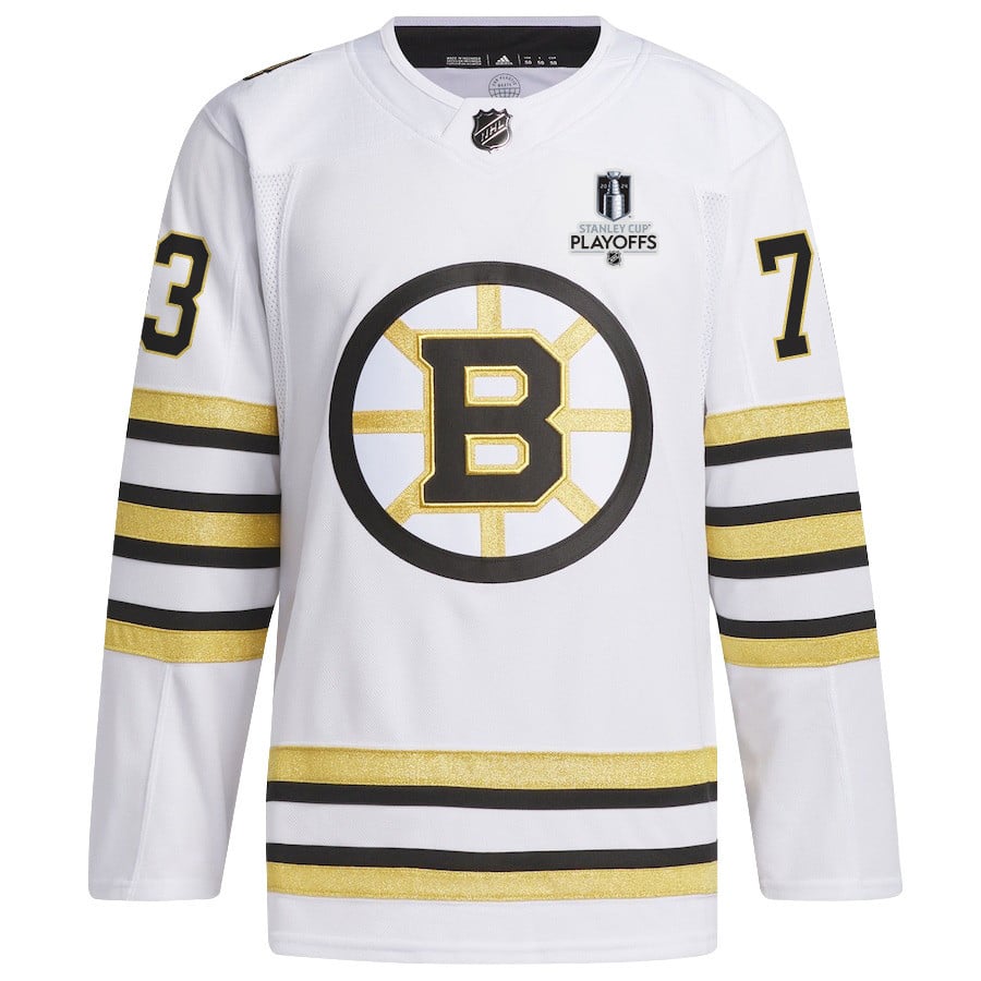 Alternative view of Charlie McAvoy 73 Boston Bruins 2024 NHL Playoffs Patch Away Hockey Jersey - Men, White - JS653 
