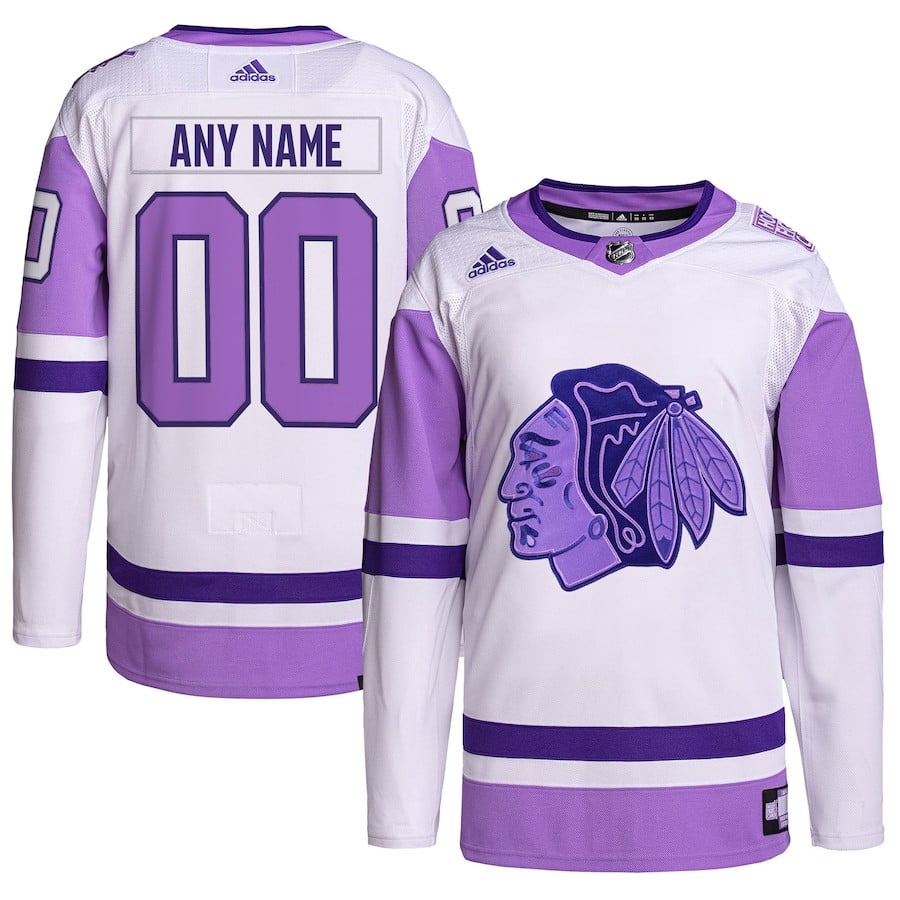 Chicago Blackhawks Hockey Fights Cancer Primegreen Custom Men Hockey Jersey - White/Purple - JS539 