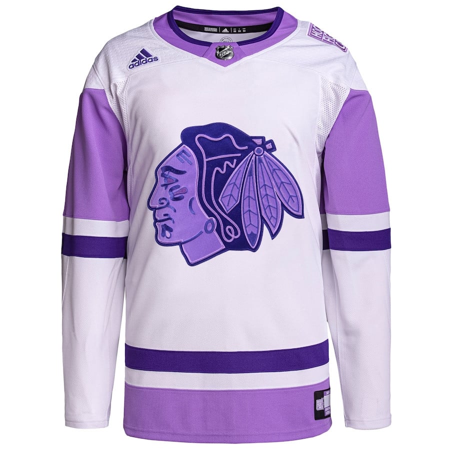 Alternative view of Chicago Blackhawks Hockey Fights Cancer Primegreen Men Hockey Jersey - White/Purple - JS613 