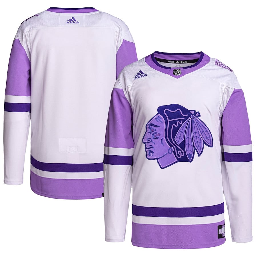 Chicago Blackhawks Hockey Fights Cancer Primegreen Men Hockey Jersey - White/Purple - JS613 
