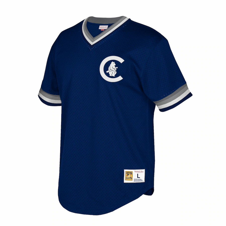 Alternative view of Chicago Cubs Mitchell And Ness Big And Tall Cooperstown Collection Mesh Wordmark V-neck Baseball Jersey - Navy