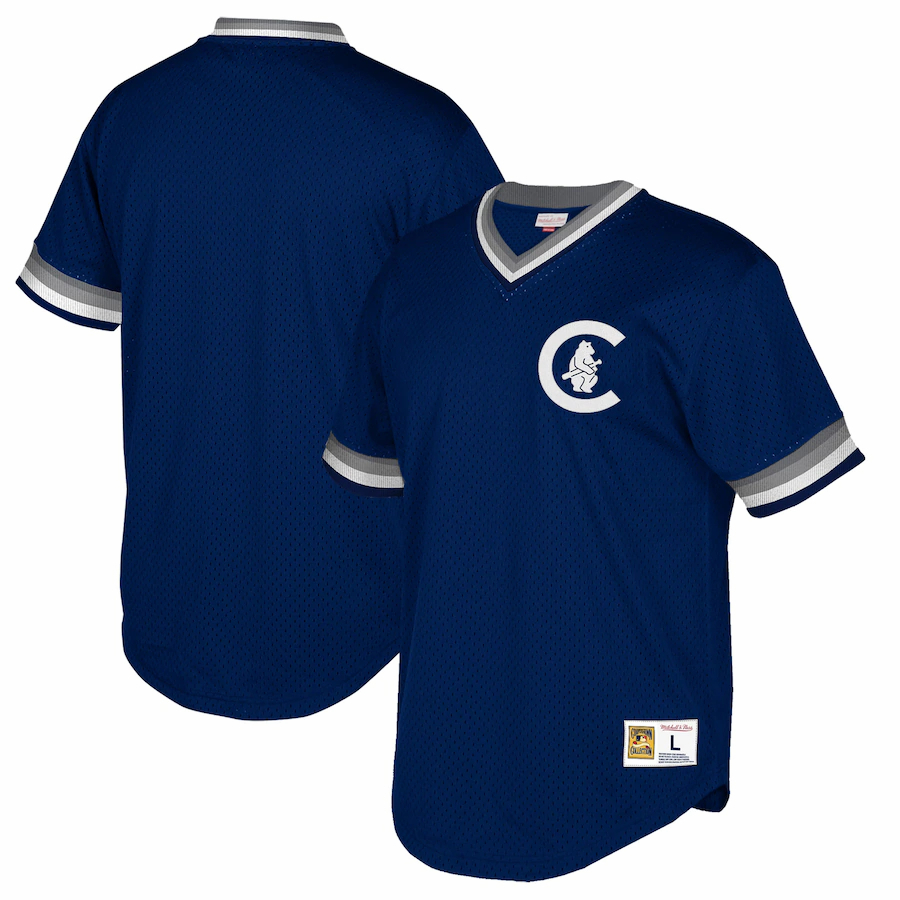Chicago Cubs Mitchell And Ness Big And Tall Cooperstown Collection Mesh Wordmark V-neck Baseball Jersey - Navy