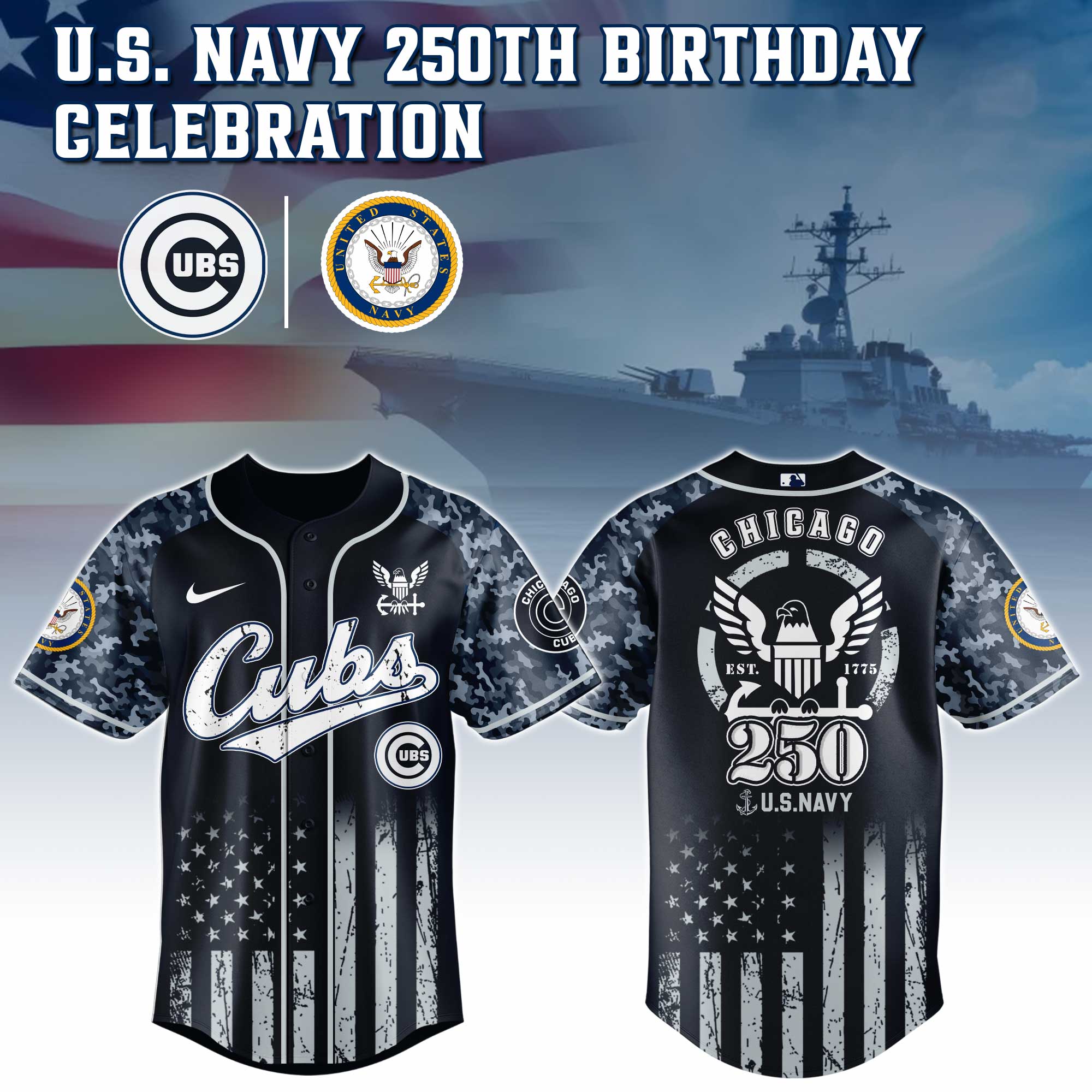 Chicago Cubs Mlb X 250 U.s. Navy Baseball Jersey