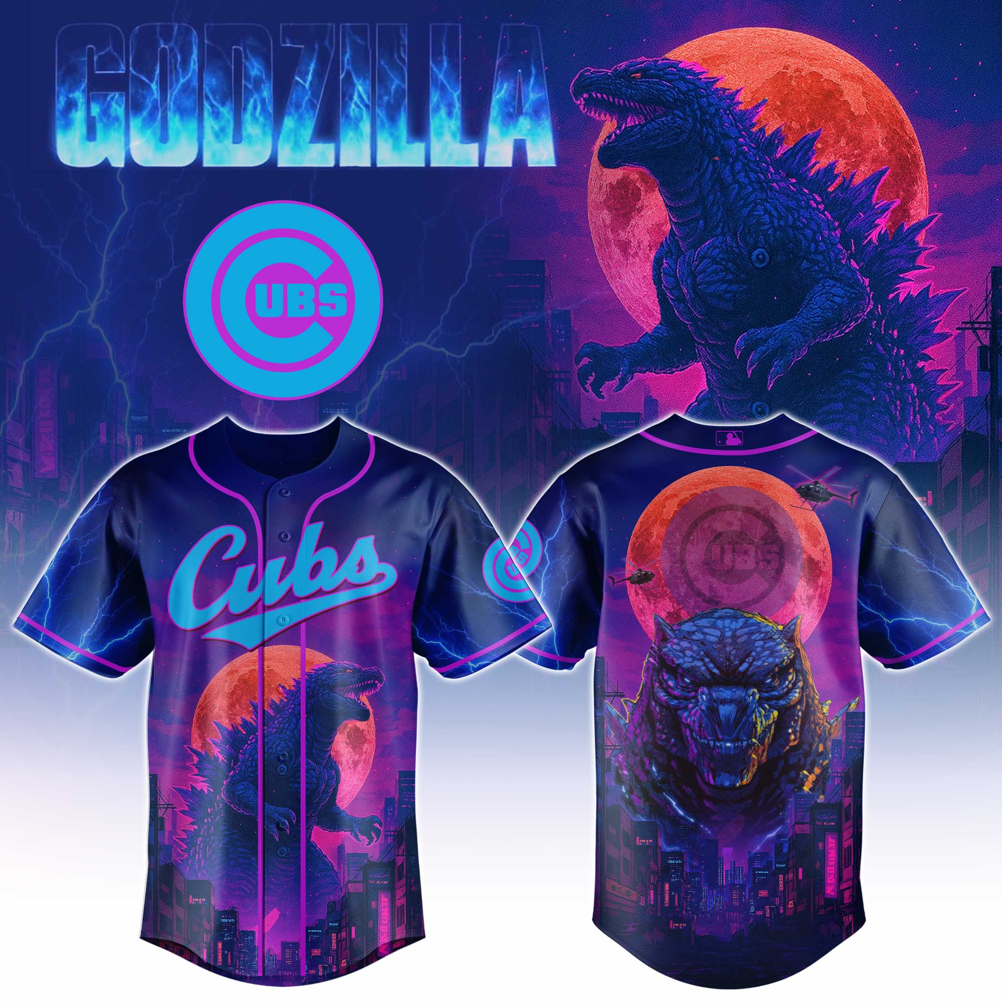 Chicago Cubs Mlb X Godzilla Neon City Baseball Jersey