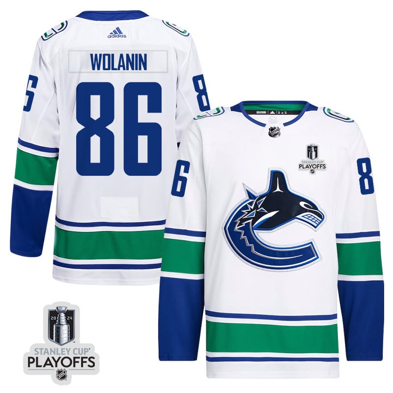 Christian Wolanin 86 Vancouver Canucks 2024 NHL Playoffs Patch Away Hockey Jersey - Men, White - JS351 