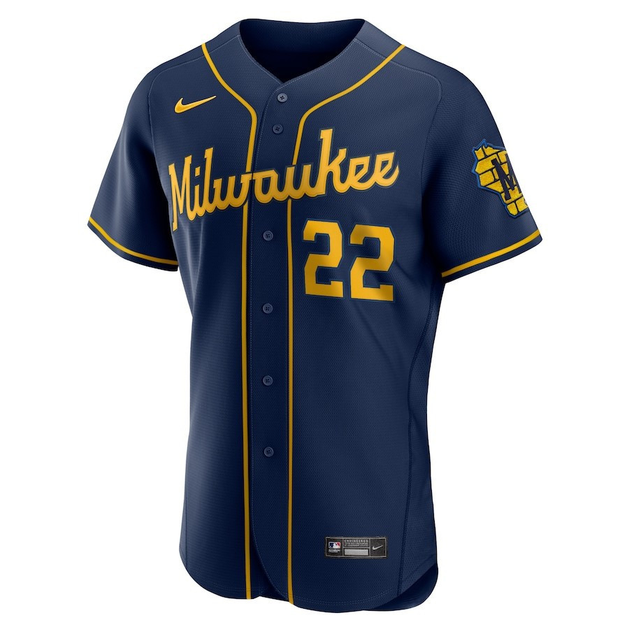 Alternative view of Christian Yelich 22 Milwaukee Brewers Alternate Player Elite Jersey - Navy 