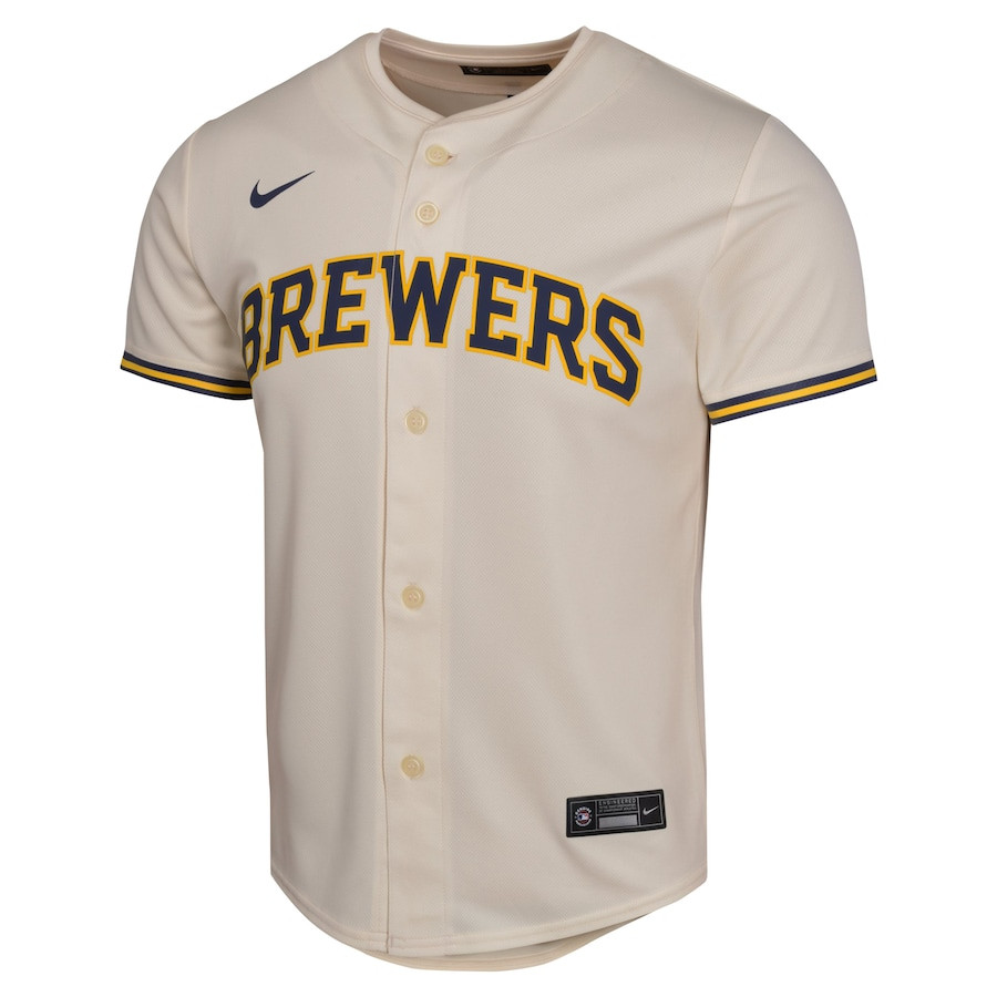 Alternative view of Christian Yelich 22 Milwaukee Brewers Home Game Player YOUTH Jersey - Cream 