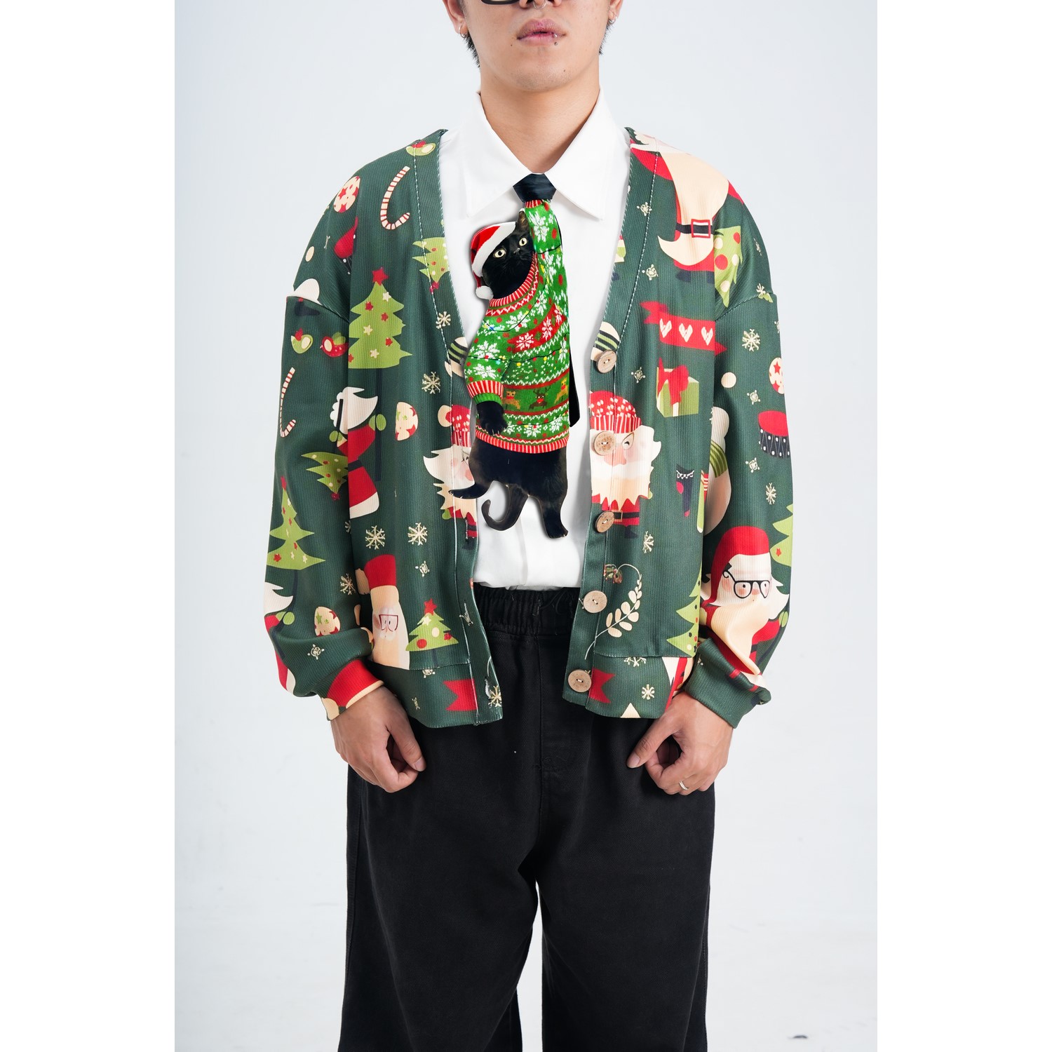 Christmas Novelty Noel Cat - Shaped Tie - Noel Cat Design In Taffeta Silk  - Funny Gift for Men - Tie Accessories