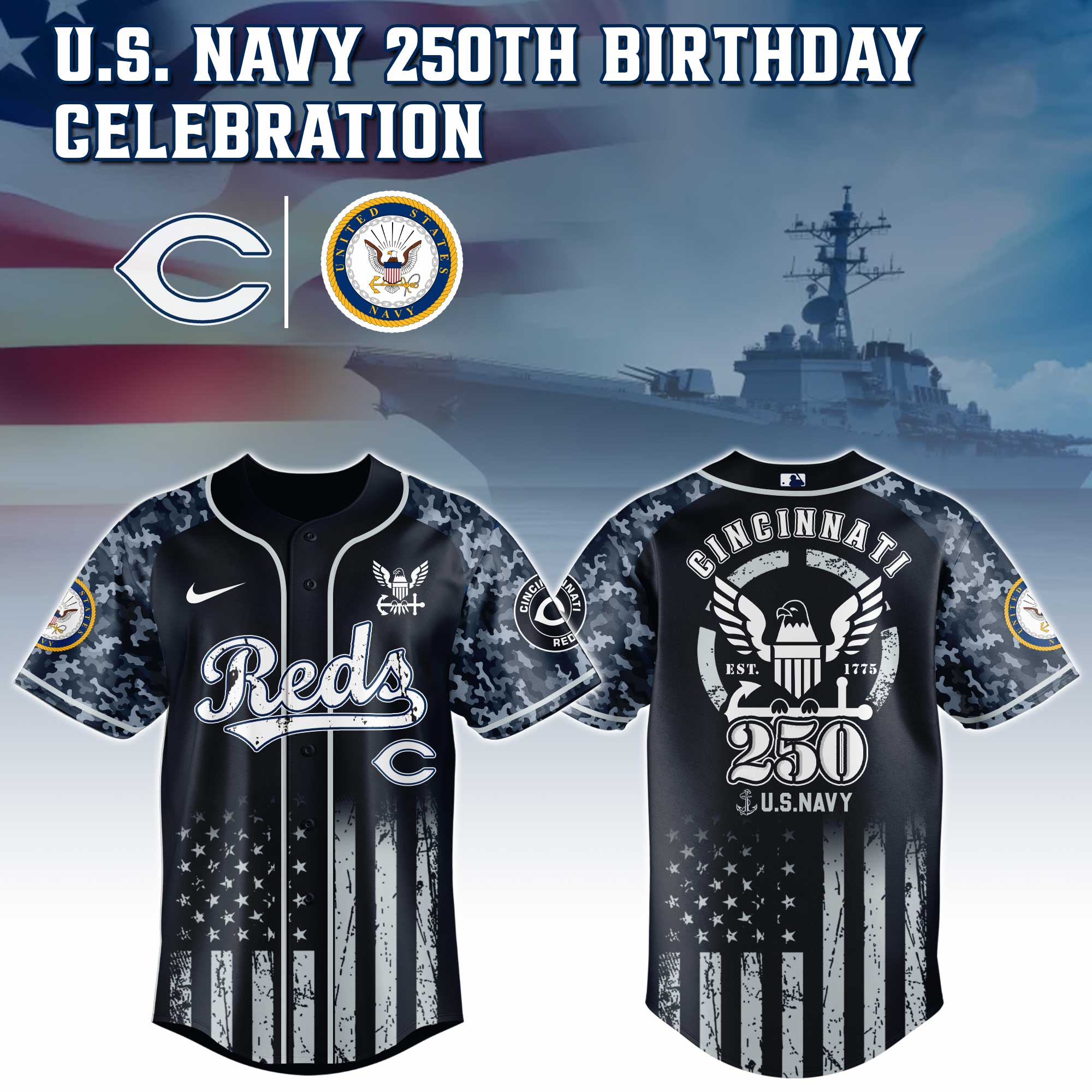 Cincinnati Reds Mlb X 250 U.s. Navy Baseball Jersey