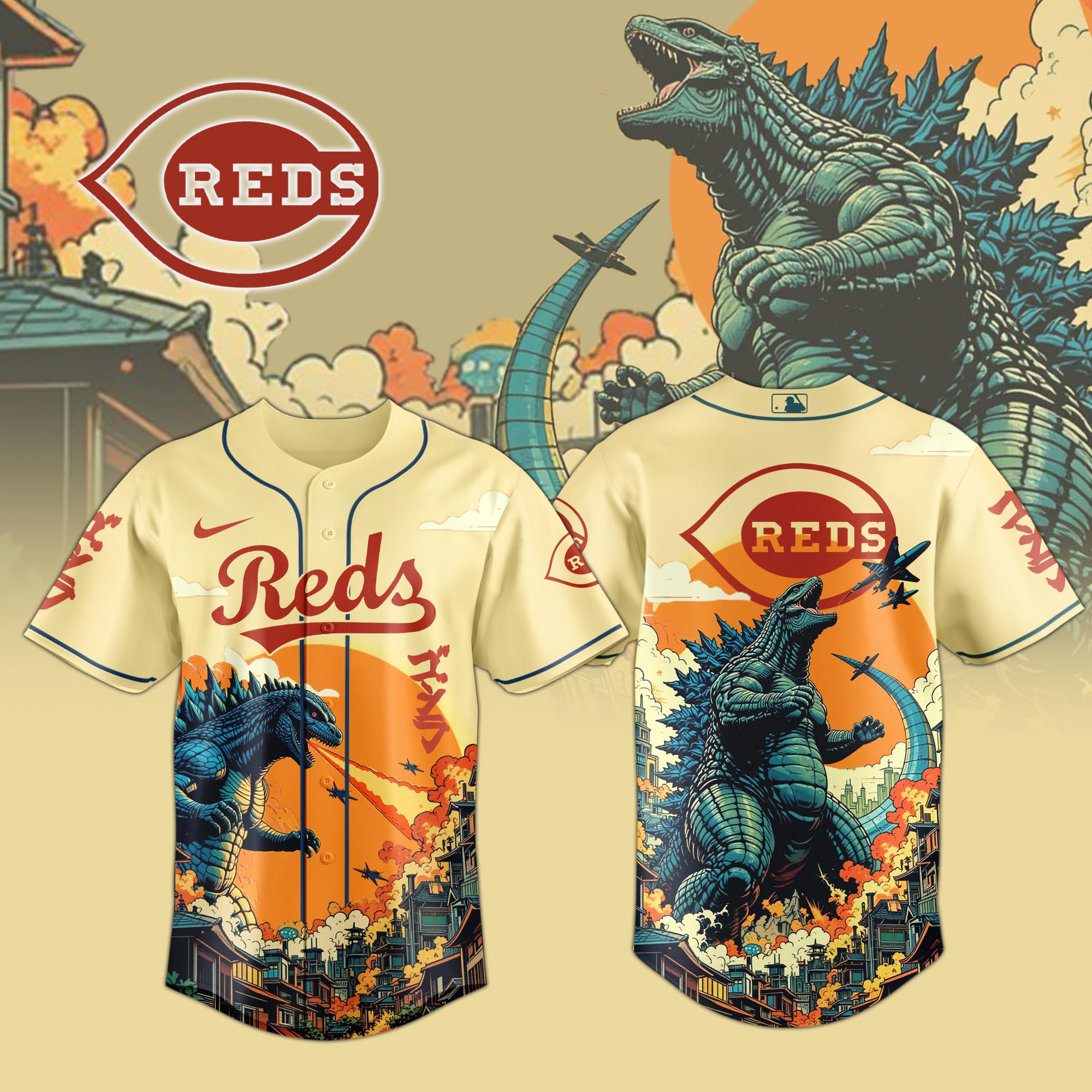Cincinnati Reds Mlb X Godzilla Attack Baseball Jersey
