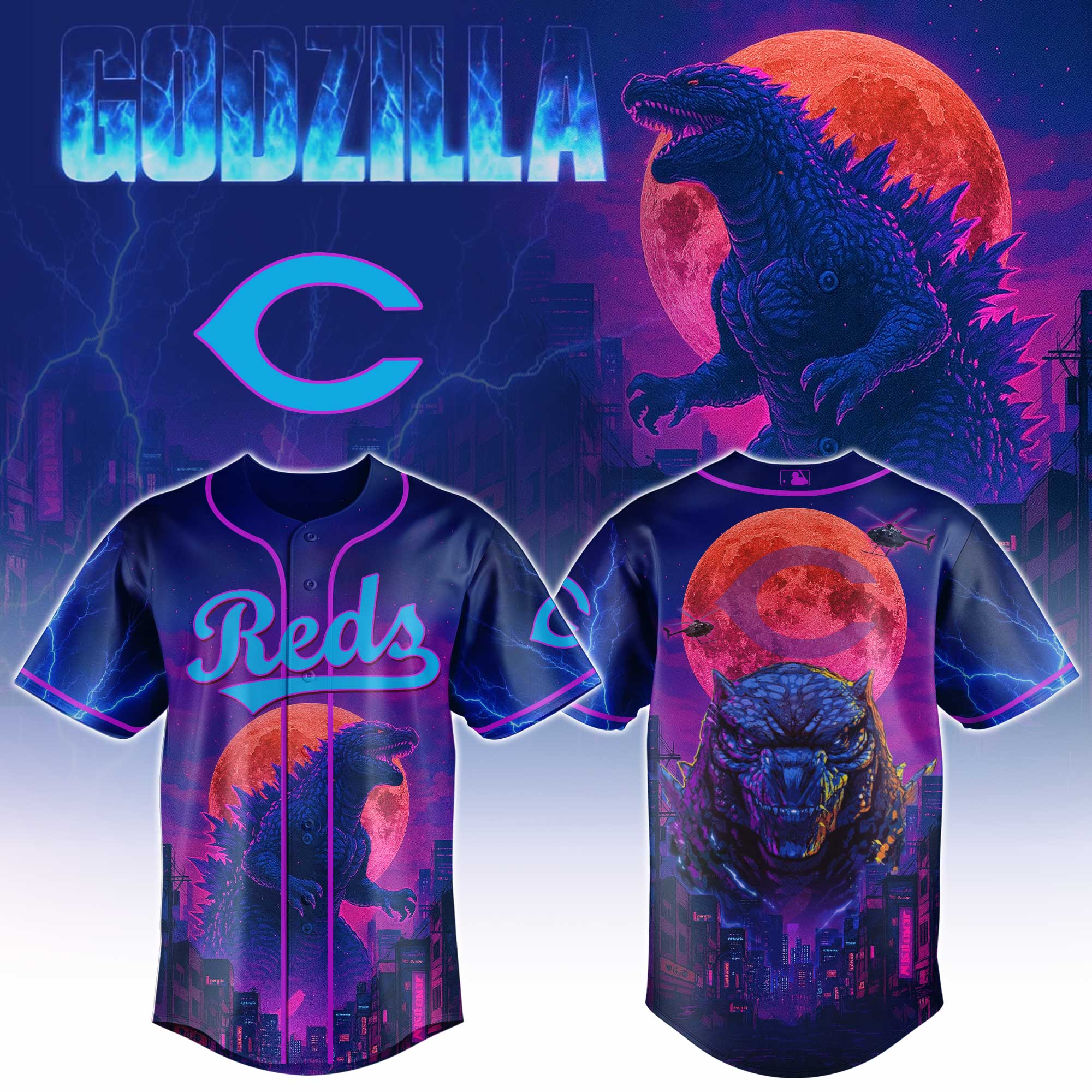 Cincinnati Reds Mlb X Godzilla Neon City Baseball Jersey