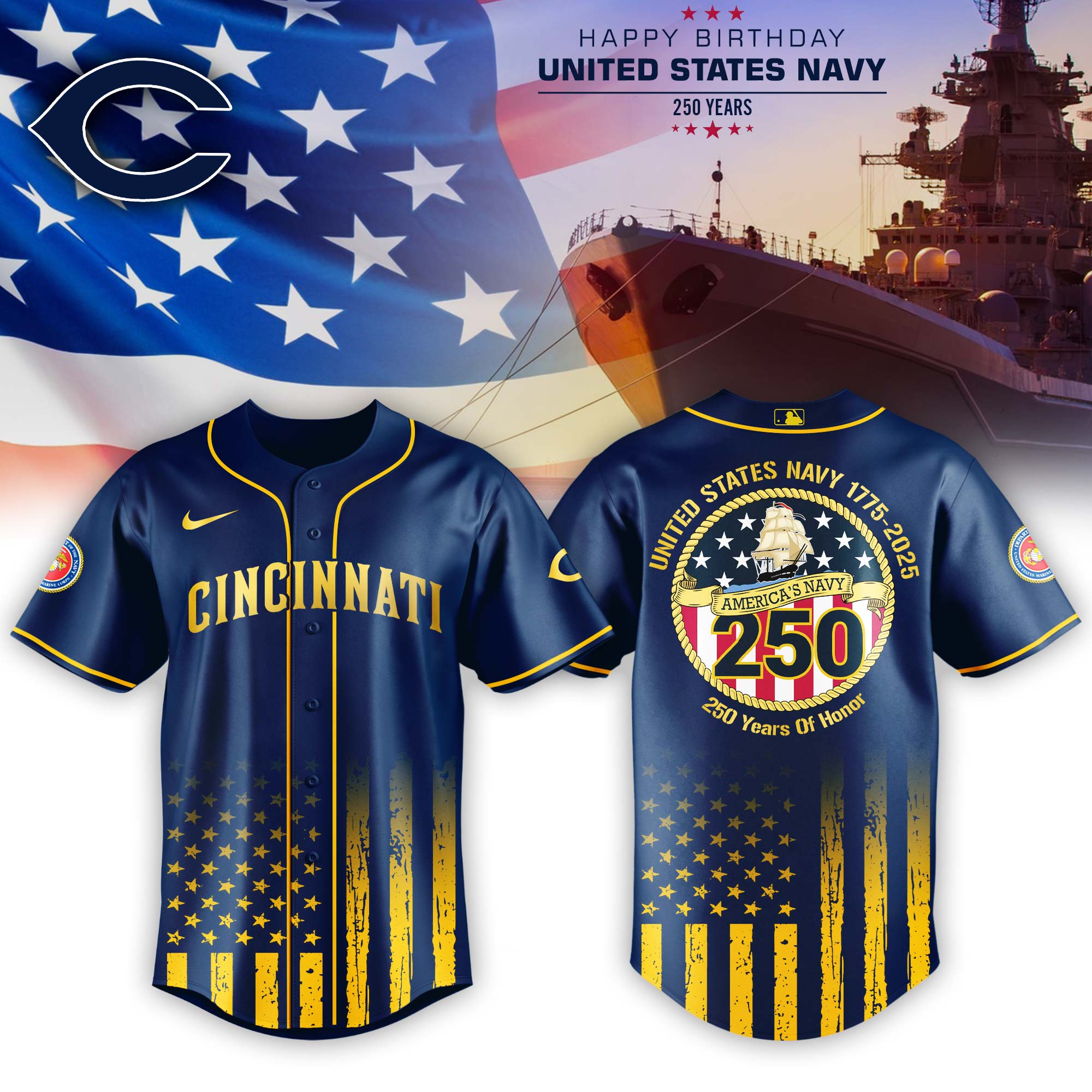 Cincinnati Reds Mlb X Usa Happy Birthday Usa Navy Baseball Jersey