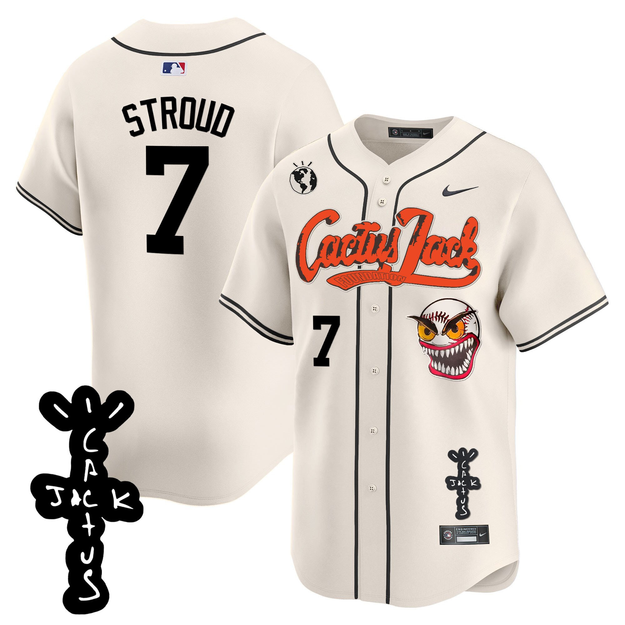 CJ Stroud 7 Houston Astros Cactus Jack Patch V2 Men Baseball Jersey - Cream