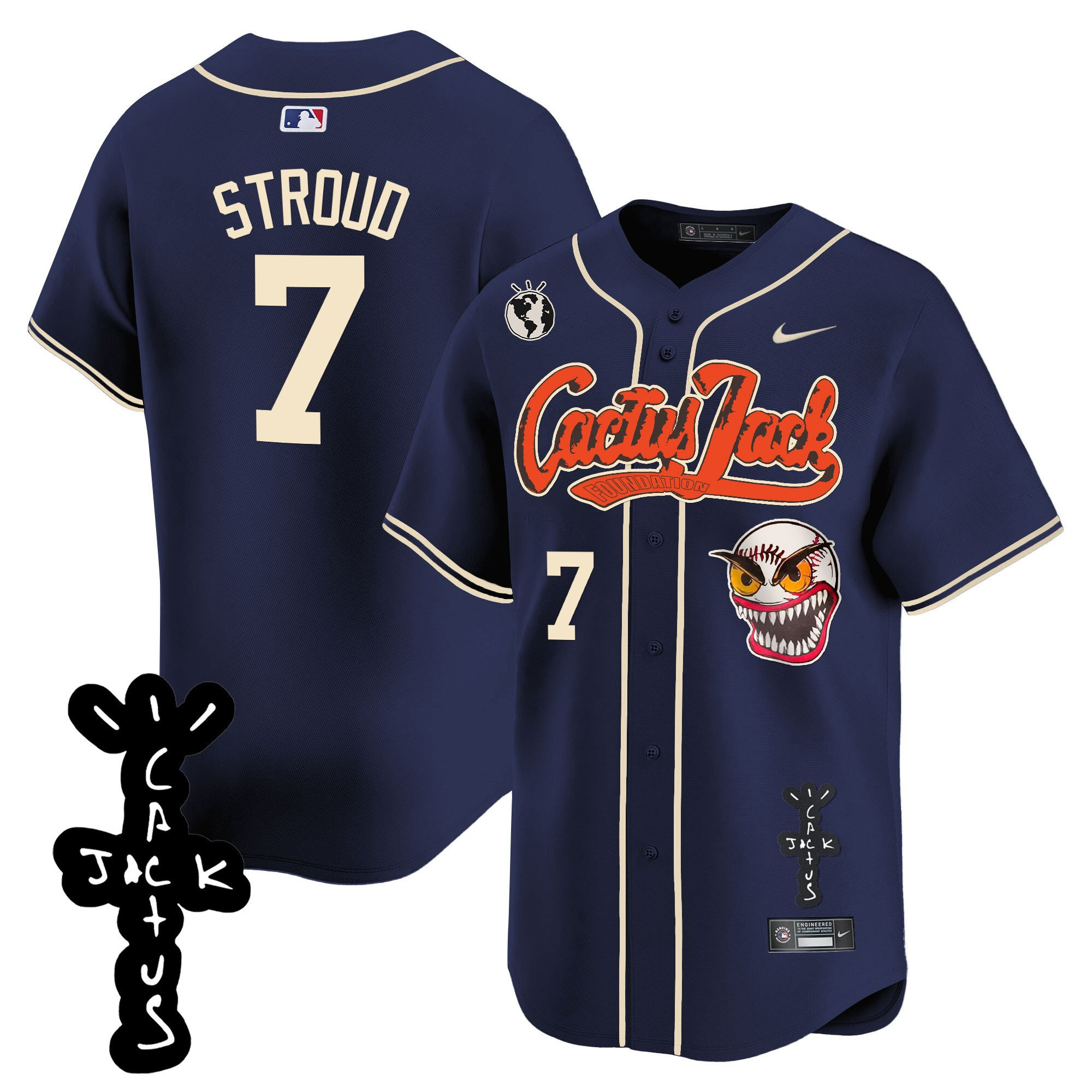 CJ Stroud 7 Houston Astros Cactus Jack Patch V2 Men Baseball Jersey - Navy